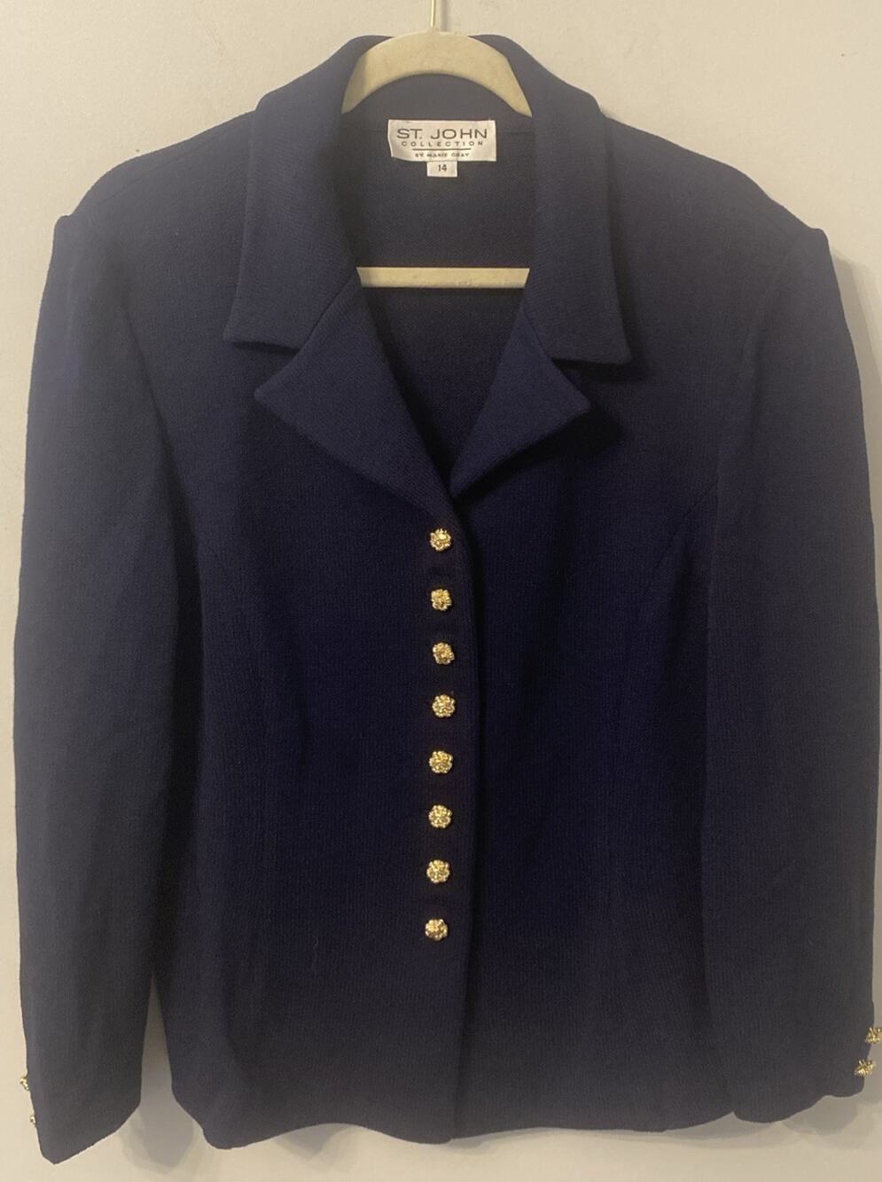 ST John Collection By Marie Gray Navy Blue Blazer Gold Button Knit Women SZ 14